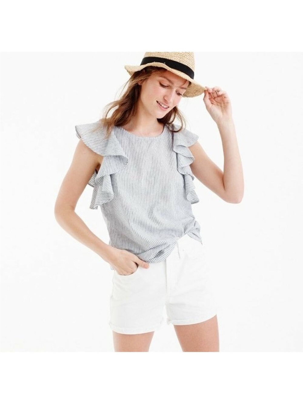 Sleeveless Ruffle Stripe Top - Blue/White